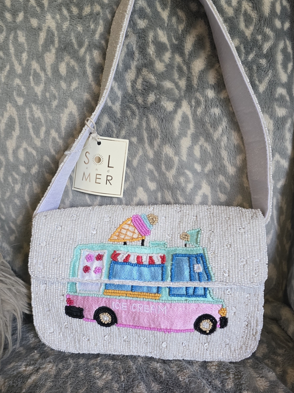 Sol Mer White Beaded Ice Cream Truck Shoulder Bag